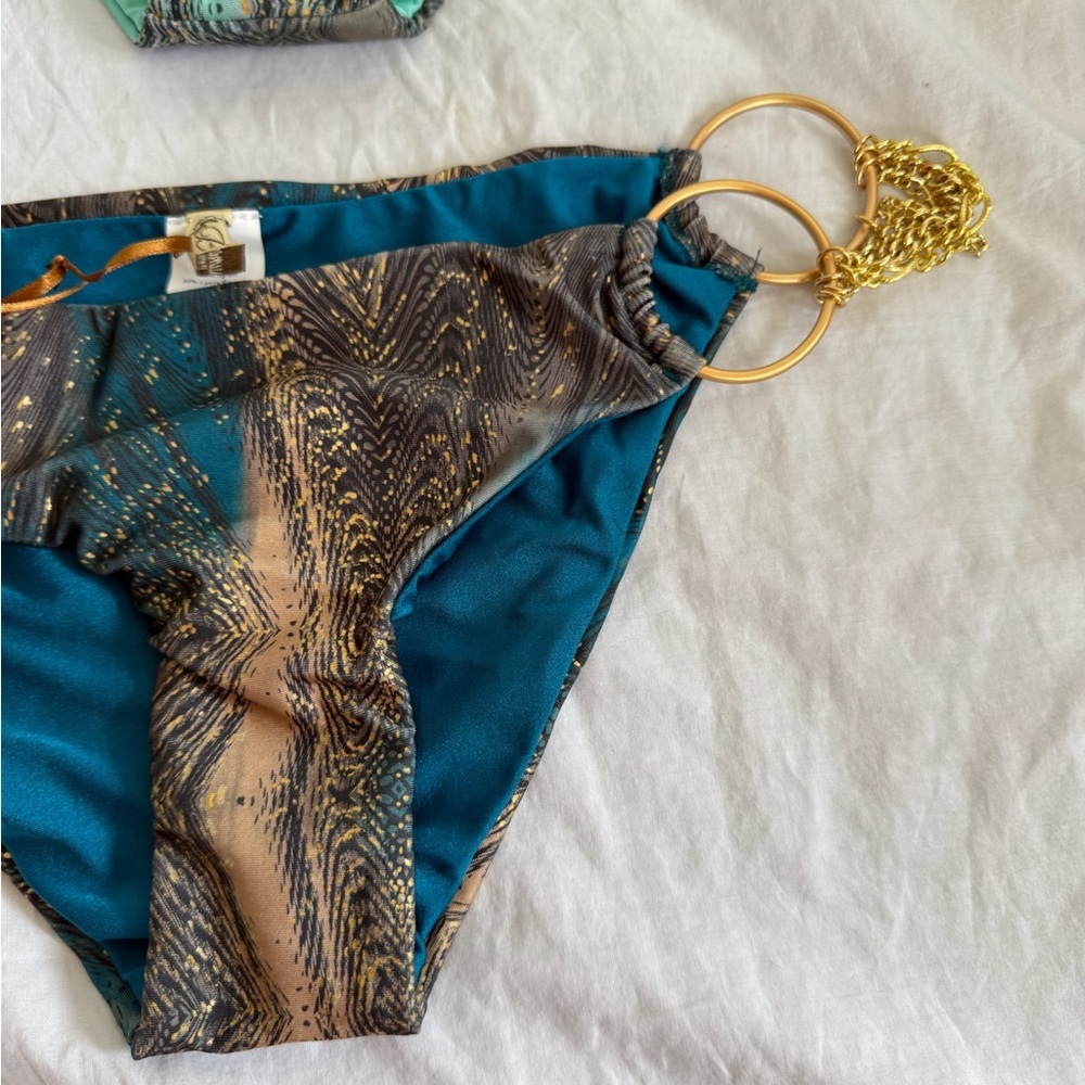 Bellissima Luxury Bikini Bottoms Teal & Bronze Feather Print Side Tie Size L NEW - Picture 8 of 16
